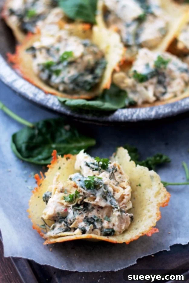 Easy Spinach Artichoke Dip Appetizer in Parmesan Cups Handheld Spinach Artichoke Dip Parmesan Cups