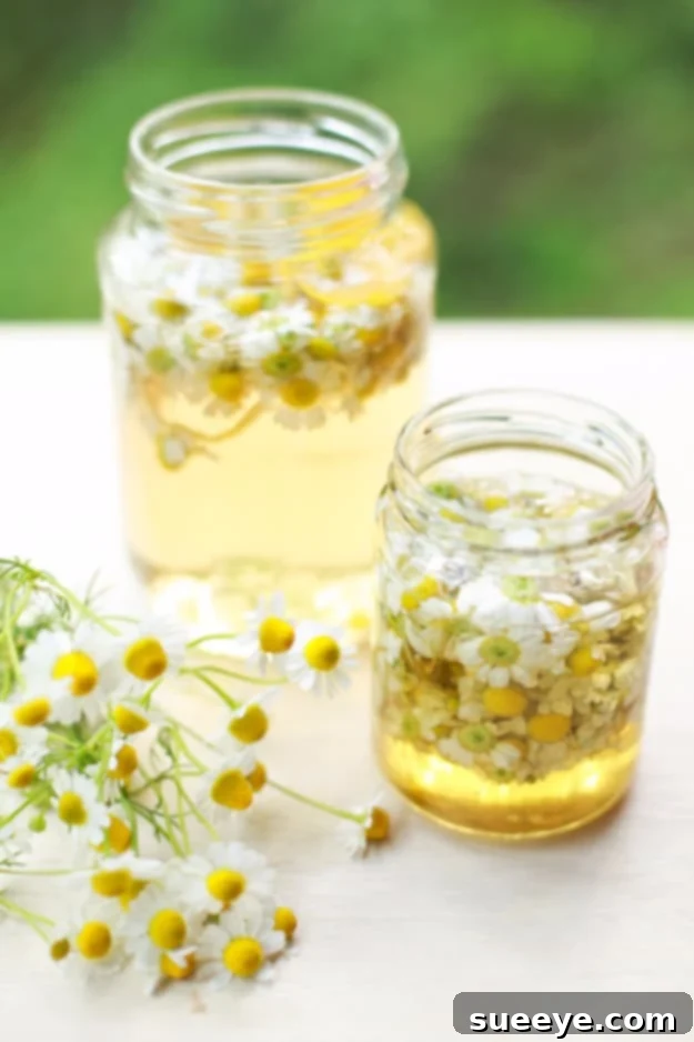 Soothing Chamomile and Honey Sweet Tea: Relaxing Summer Drink Chamomile and Honey Sweet Tea served in a glass jar with a lemon slice and a spoon of honey.
