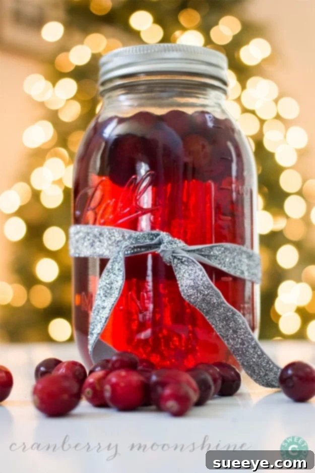 Potent Cranberry Moonshine: A Bold Summer Spirit Homemade Cranberry Moonshine in a glass jar with fresh cranberries.