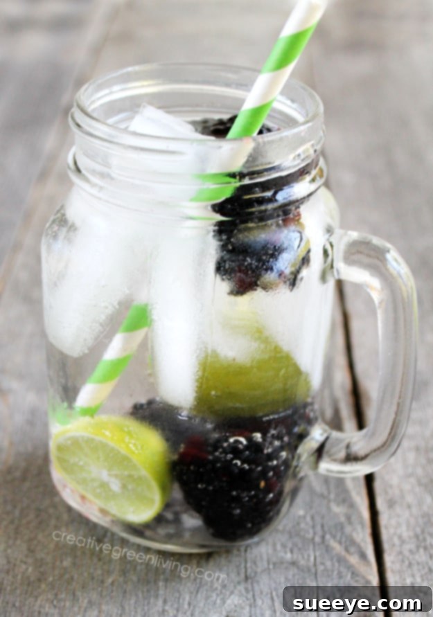 Vibrant Blackberry Lime Spritzer: A Fruity & Bubbly Treat Refreshing Blackberry Lime Spritzer in a mason jar with fresh blackberries and lime slices.
