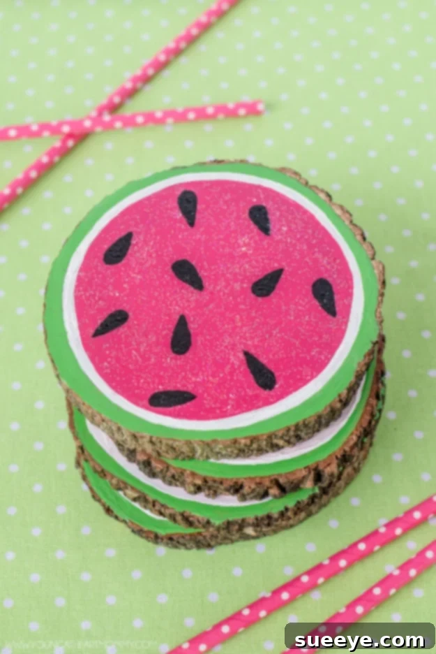 Hand-painted wood slice watermelon coasters for a fun summer vibe