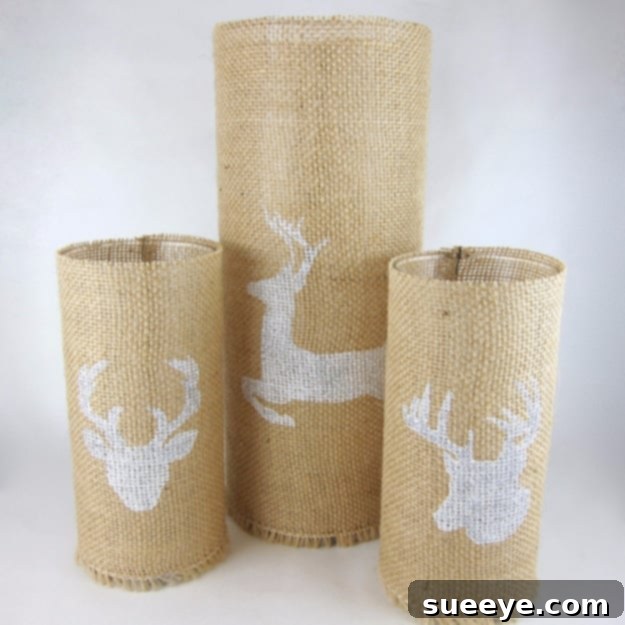 DIY stenciled burlap candle holders for a cozy home accent