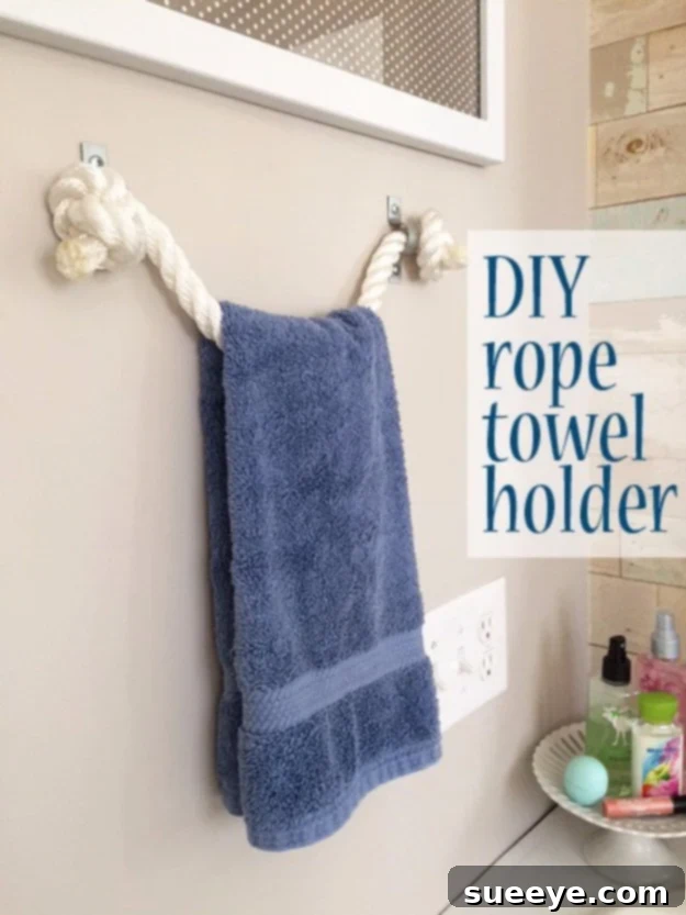 DIY rope towel holder for a nautical-themed bathroom