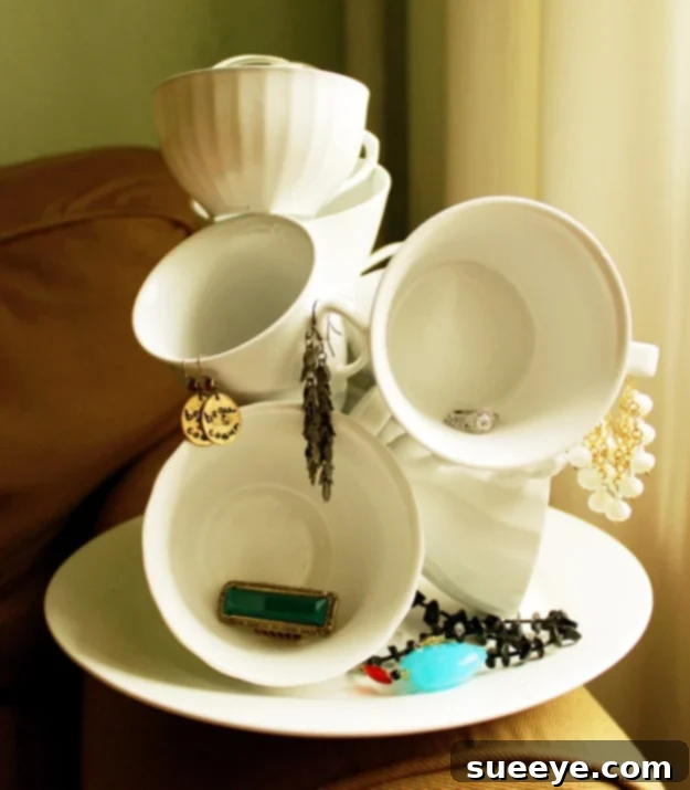 DIY whimsical teacup sculpture made from dollar store tea sets