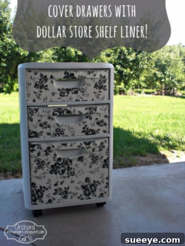 DIY drawer covering with dollar store shelf liner for a fresh look