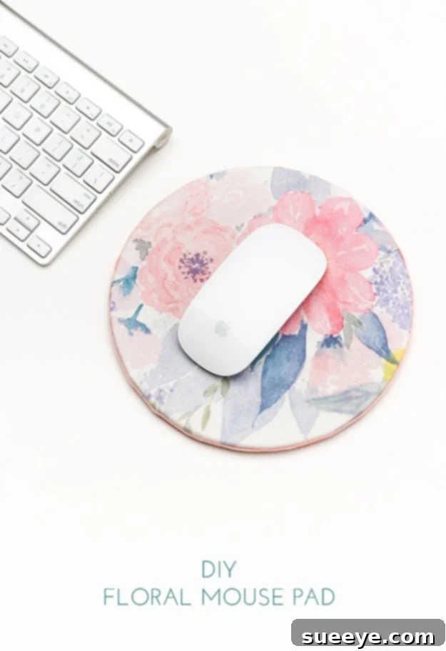 Handmade floral mouse pad for a desk, made with dollar store supplies