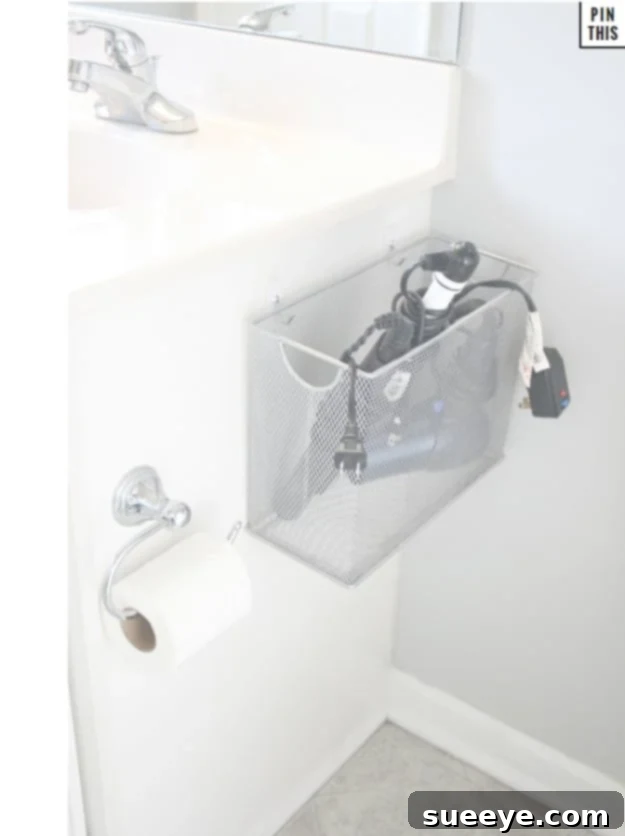 DIY file box storage for bathroom appliances like hair dryers and curling irons