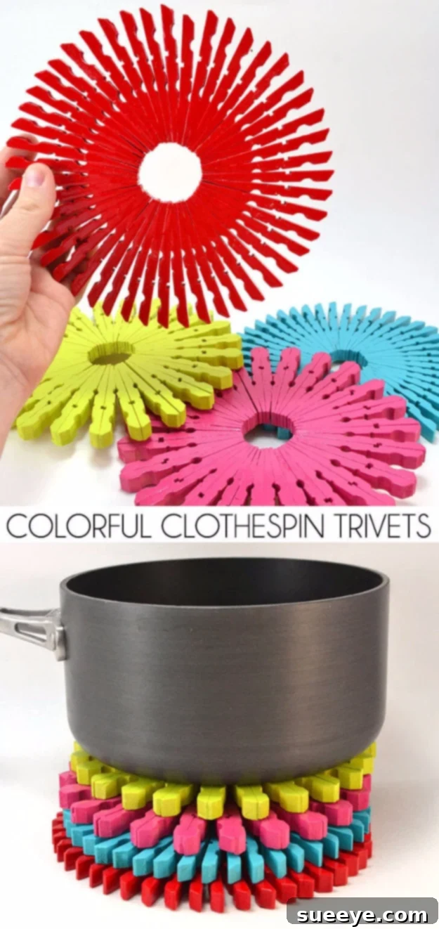 DIY vibrant colorful clothespin trivets for kitchen hot pads