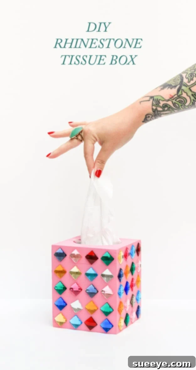 DIY sparkling rhinestone tissue box for glamorous home decor