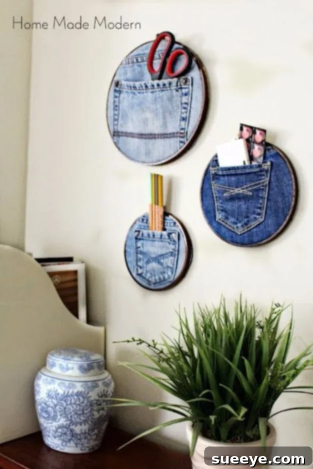 DIY practical denim pocket organizers made from old jeans for storage