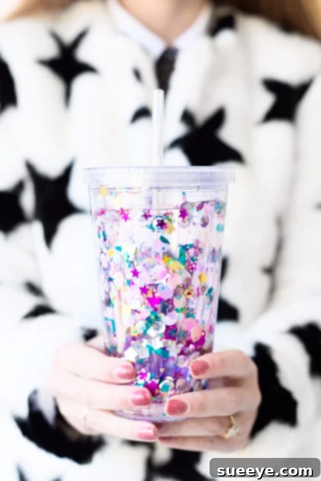DIY floating glitter tumbler for a fun and shimmery drinking experience
