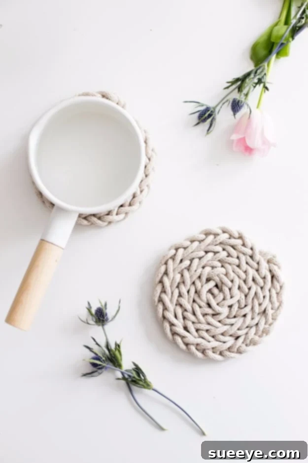 Handmade Finger Knit Rope Trivet - Stylish Kitchen Accessory Unique DIY Finger Knit Rope Trivet for Hot Dishes