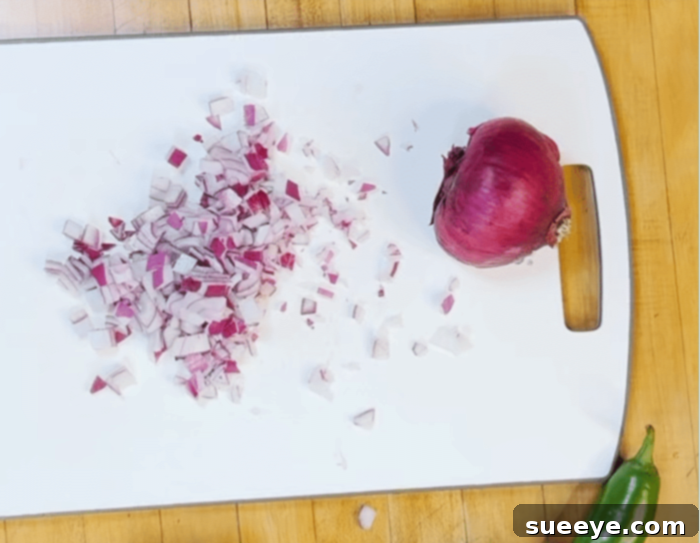 Tangy Pomegranate Salsa 8 How to Make Pomegranate Salsa - Chop Red Onion, Dicing it Finely