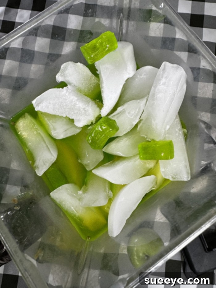 Rancher's Crown Royal Apple Slush 10 Ice cubes being added to a blender for the Crown Royal Apple slushie