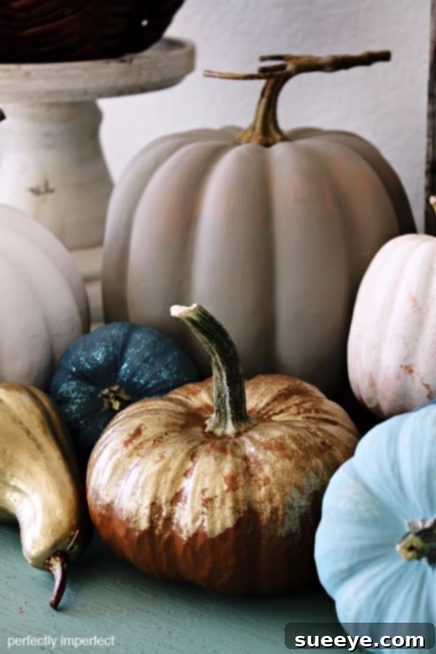 Various pumpkins beautifully finished with chalk paint for a soft, matte look