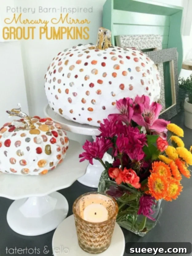 Pumpkins crafted to resemble mercury glass using grout and metallic paint