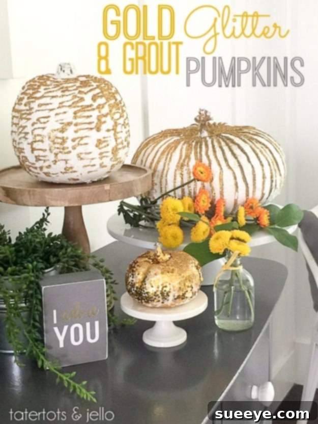 Textured pumpkins adorned with gold glitter and grout for a glamorous effect
