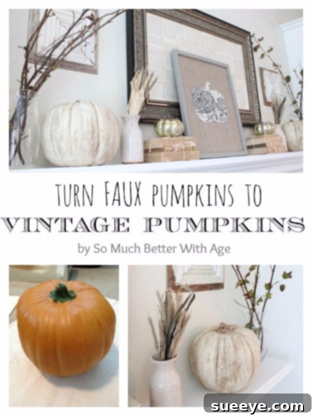 Pumpkins painted with chalk paint to achieve a charming vintage look