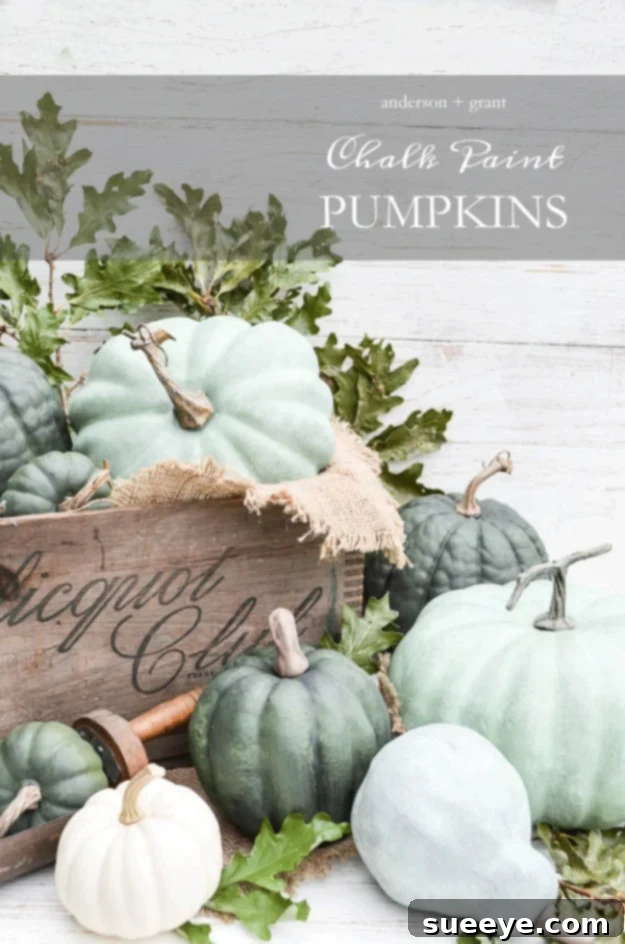 Pumpkins with a dry-brushed chalk paint finish for an aged and rustic look