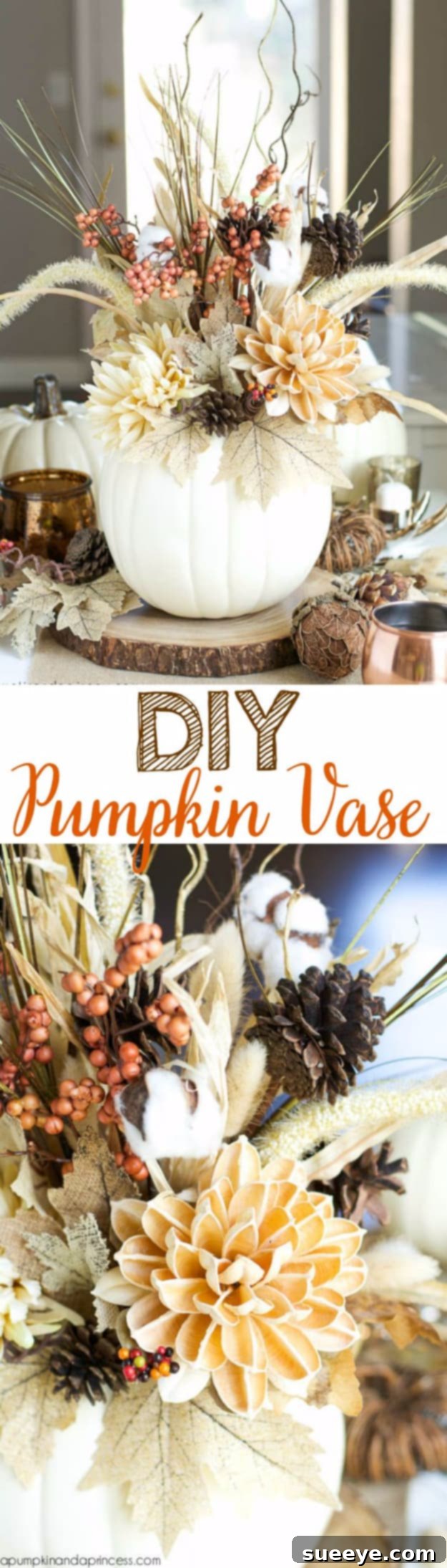 Pumpkin transformed into a DIY vase holding beautiful fall flowers
