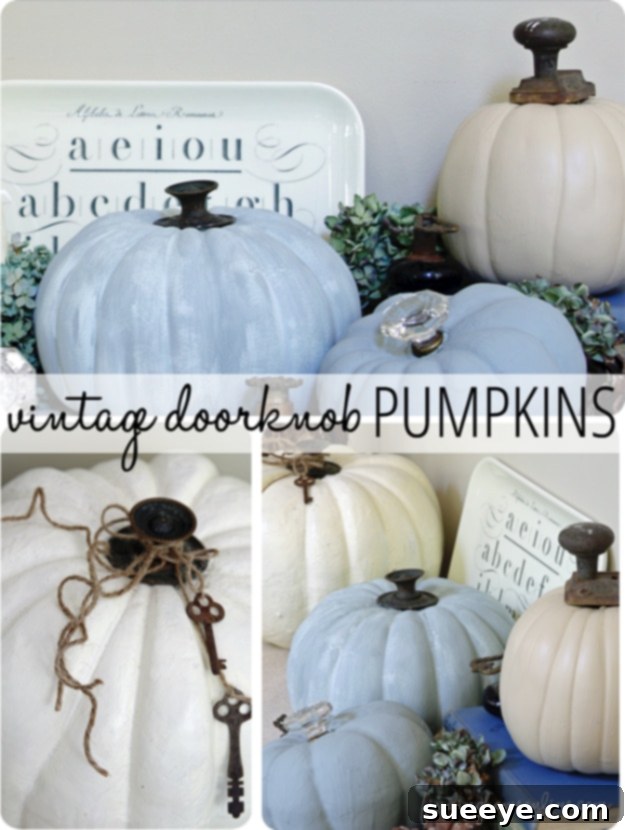 Pumpkins adorned with antique vintage doorknobs for a unique, charming look