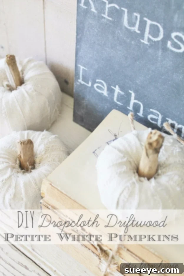 Petite white pumpkins decorated with dropcloth and driftwood for a rustic, natural look