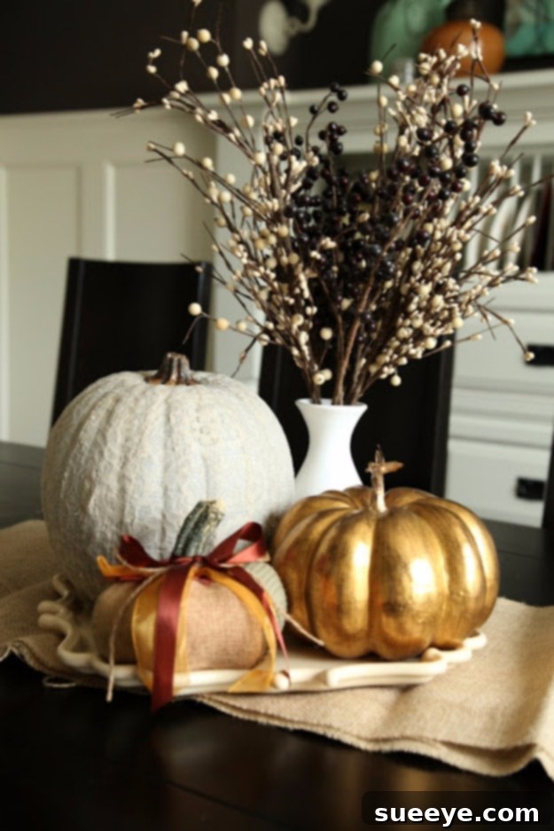 Pumpkins beautifully adorned with delicate lace patterns for a romantic fall look