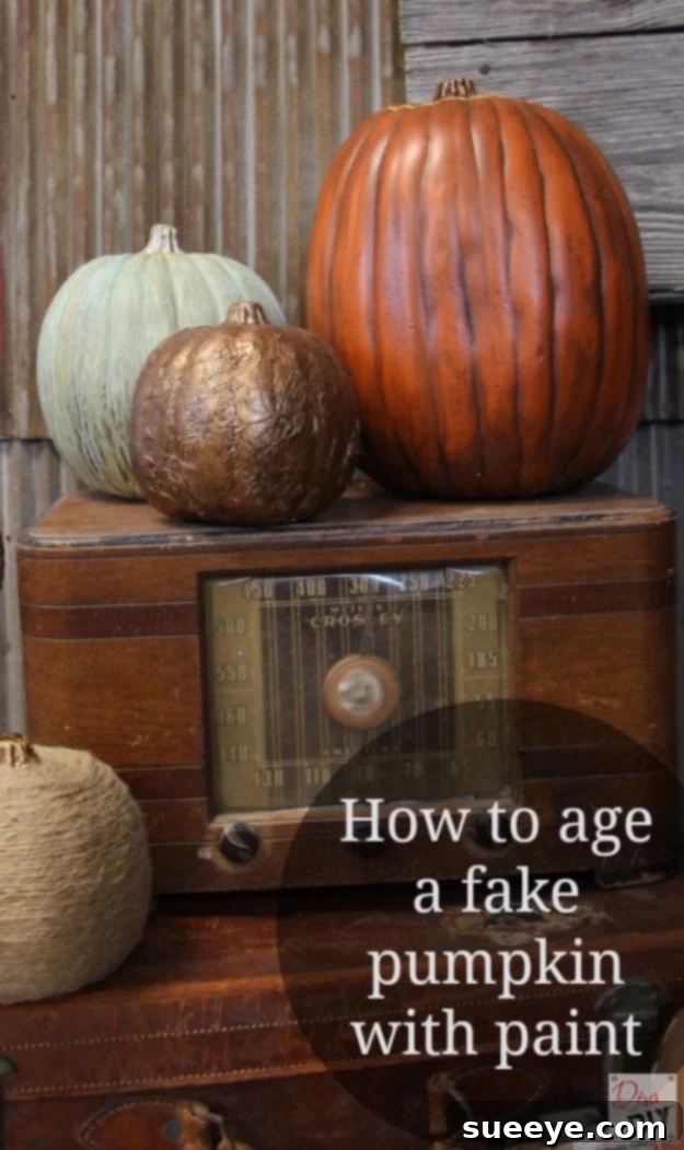 Faux pumpkin expertly aged with paint to achieve a realistic, weathered look