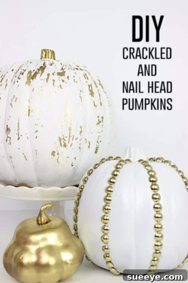 Crackled pumpkins embellished with decorative studs for a unique fall look