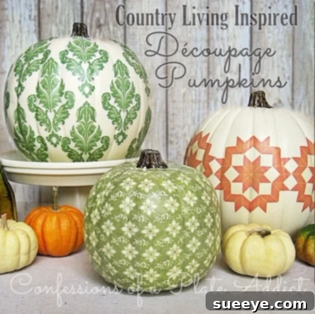 Pumpkins beautifully decorated using decoupage with patterned paper