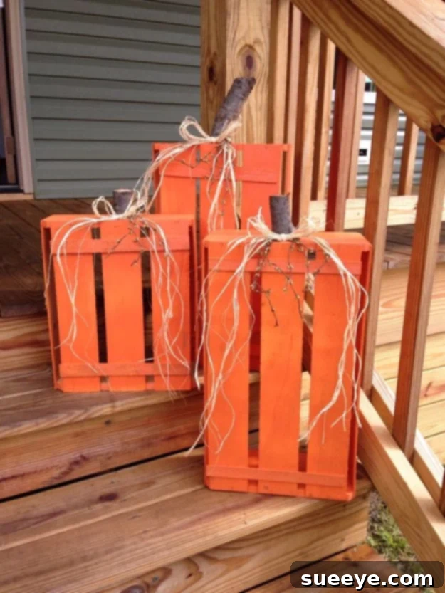 Pumpkins creatively constructed from small wooden crates for a rustic appeal