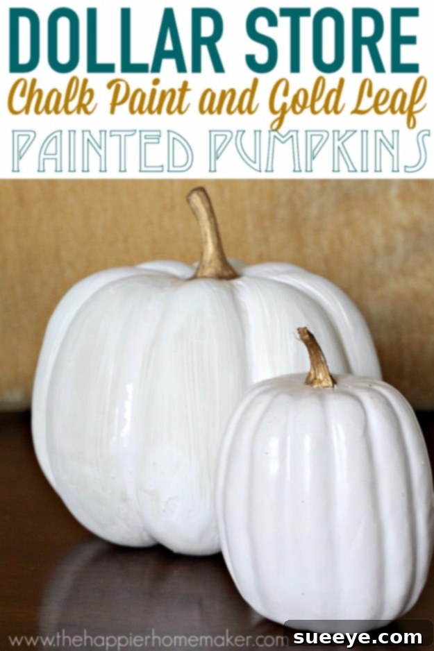 Pumpkins painted with chalk paint and adorned with shimmering gold leaf accents