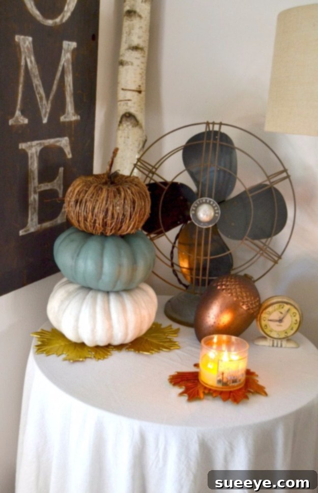 Elegant neutral-toned pumpkins used in sophisticated fall home decor