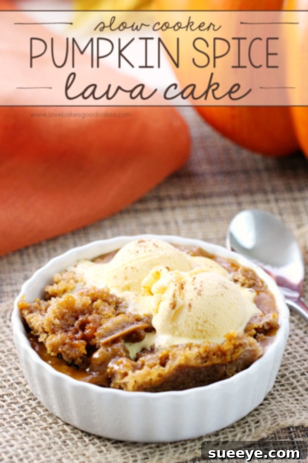 Slow Cooker Pumpkin Spice Lava Cake - Easy Dessert Decadent Slow Cooker Pumpkin Spice Lava Cake with a gooey molten center, a perfect warm fall dessert.