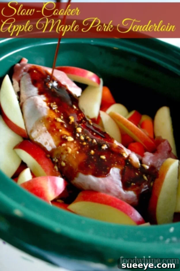 Slow-Cooker Apple Maple Pork Tenderloin - Easy Family Dinner Tender Slow-Cooker Apple Maple Pork Tenderloin with carrots and potatoes, an easy and hearty fall family meal.