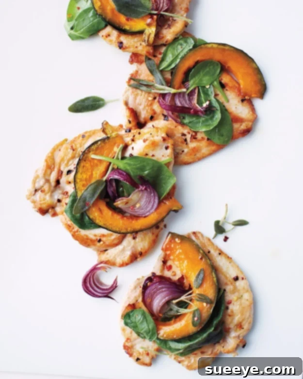 Chicken Paillards with Squash and Spinach - Healthy Fall Dinner Elegant Chicken Paillards with roasted squash and fresh spinach, a quick and lean fall dinner.