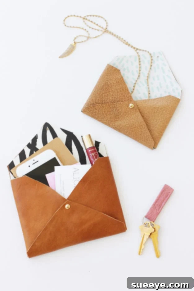 Create a stylish DIY leather envelope clutch with scraps for a high-end look. Handmade Leather Envelope Clutch DIY Gift