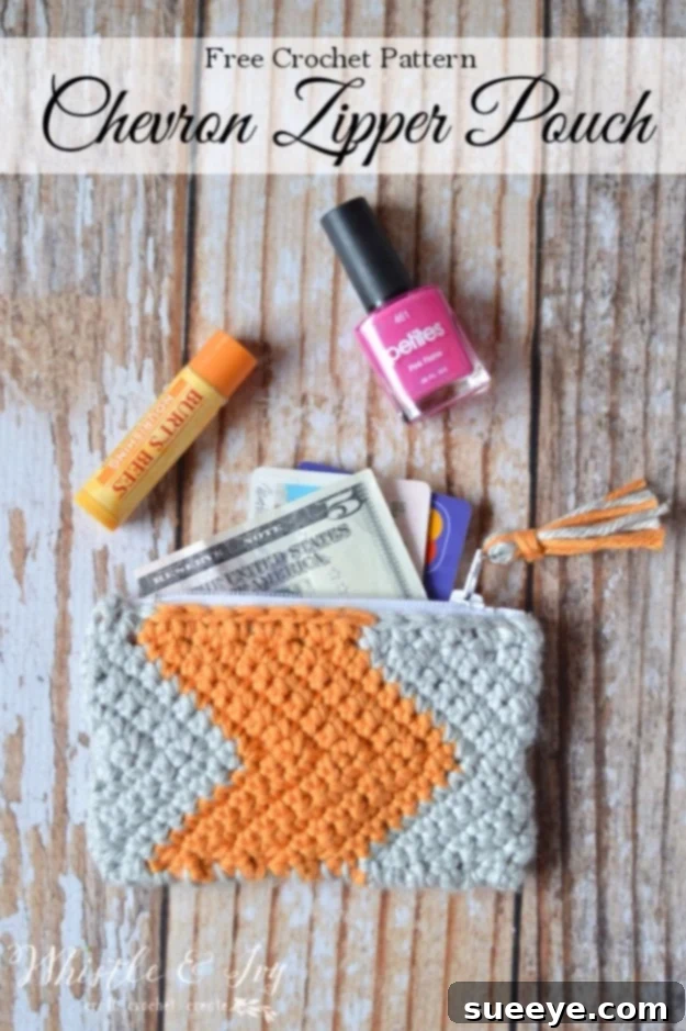 Crochet a stylish chevron zipper pouch for a beginner-friendly DIY gift. Handmade Chevron Zipper Pouch Crochet Gift