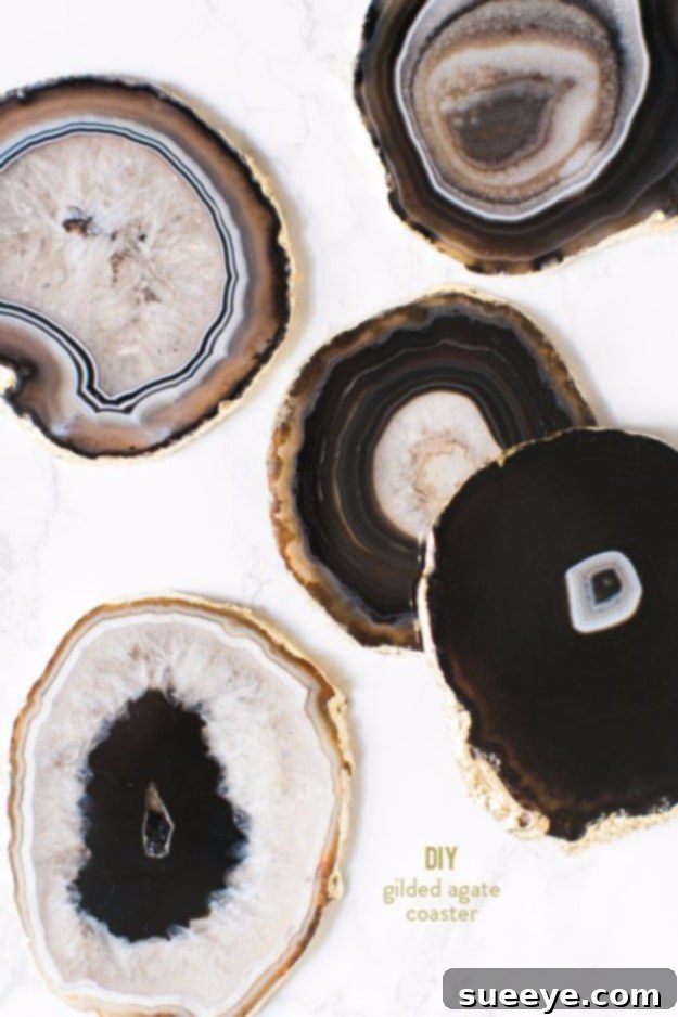 Create luxurious gilded agate coasters for a sophisticated handmade gift. Elegant DIY Gilded Agate Coasters