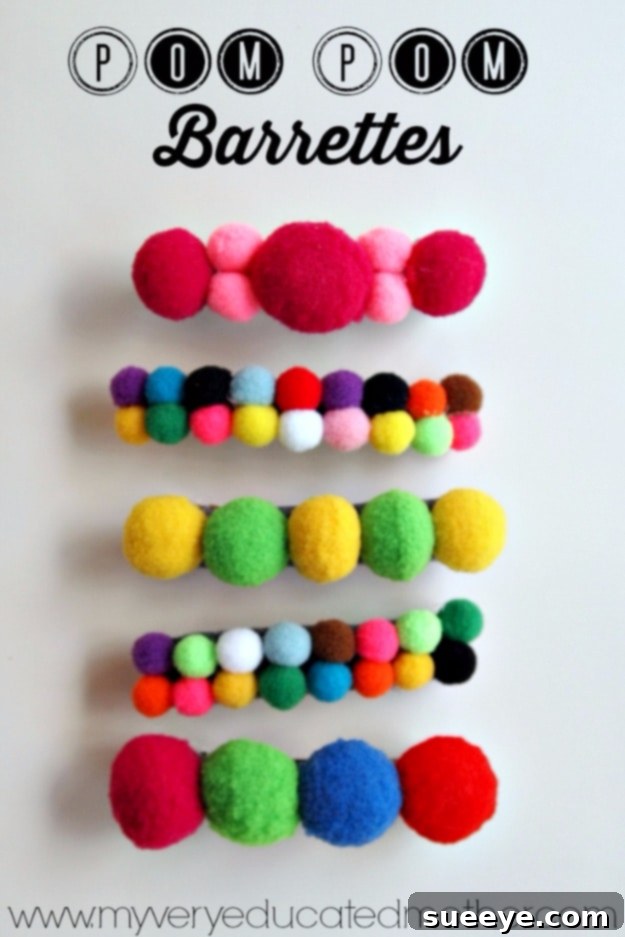 Craft playful pom pom barrettes for a cute and quick DIY hair accessory gift. Fun and Colorful DIY Pom Pom Barrettes