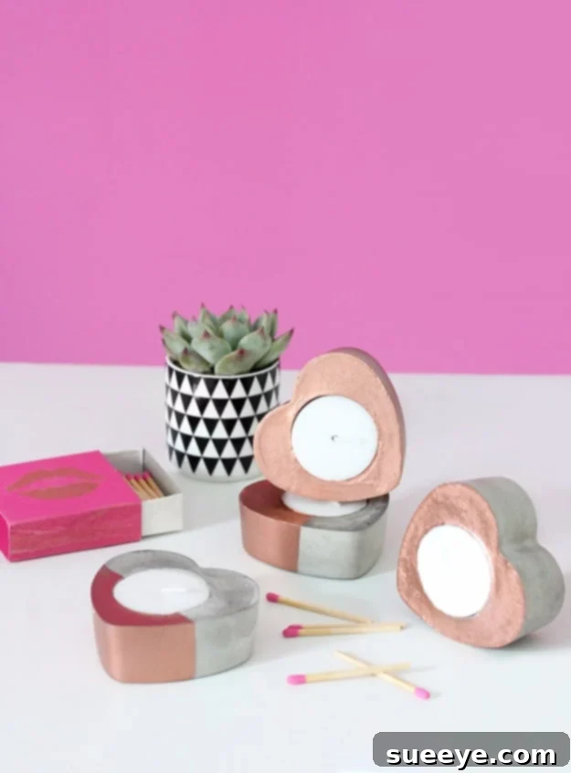 Craft unique concrete copper heart candles for a modern, heartfelt gift. Modern Concrete Copper Heart Candles DIY