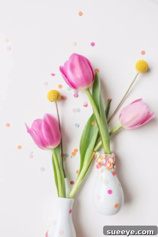 Create vibrant DIY confetti vases using cheap supplies for a festive gift. Festive DIY Confetti Vases for Parties or Gifts