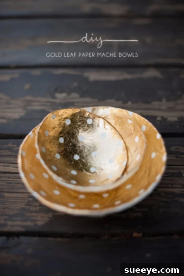 Craft practical and pretty gold leaf paper mache bowls as jewelry dishes. Elegant Gold Leaf Paper Mache Bowls DIY