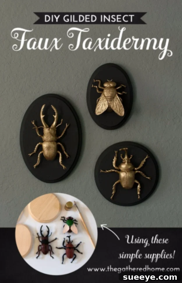 Create glamorous gilded insect faux taxidermy for a modern, edgy gift. Unique DIY Gilded Insect Faux Taxidermy Wall Art