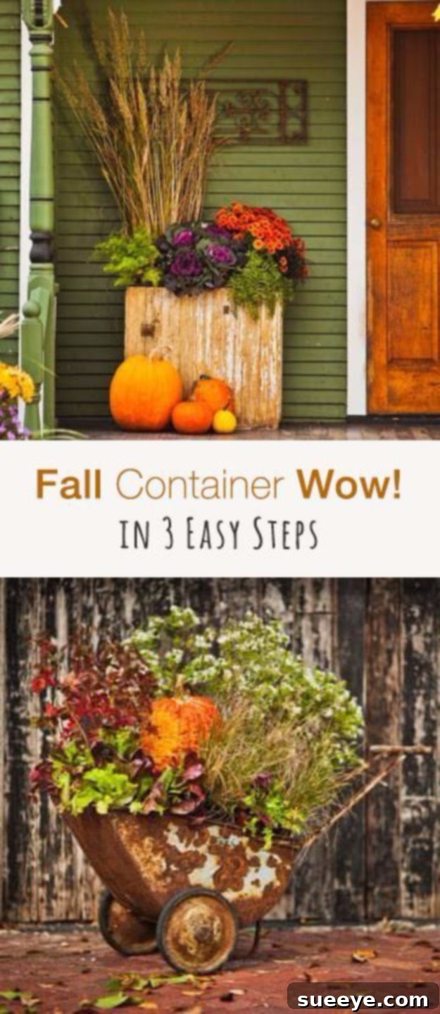 3 Easy Steps Fall Container A step-by-step visual guide showing how to create a beautiful fall container garden with various plants.