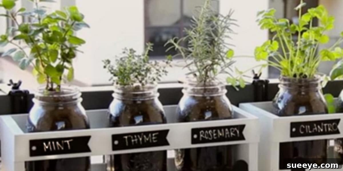 Mason Jar Herb Garden Small herb plants growing in mason jars on a windowsill, perfect for an indoor fall herb garden.