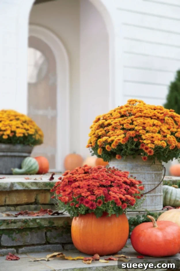 Mumkin Fall Decor Idea A carved pumpkin serving as a planter for vibrant fall mums, creating a beautiful autumn display.