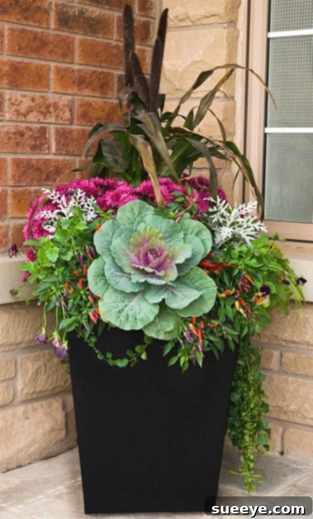 Flowering Cabbage Fall Decor Vibrant flowering cabbage plants with purple and green leaves arranged in a beautiful fall garden display.