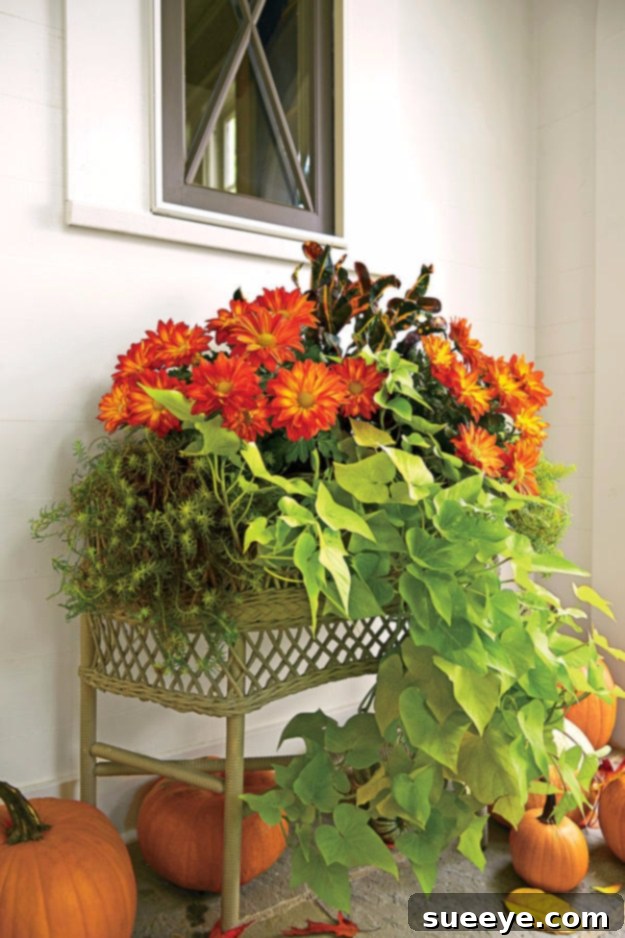 Versatile Fall Container Garden A beautifully arranged fall container garden featuring mums, ornamental grasses, and trailing plants.