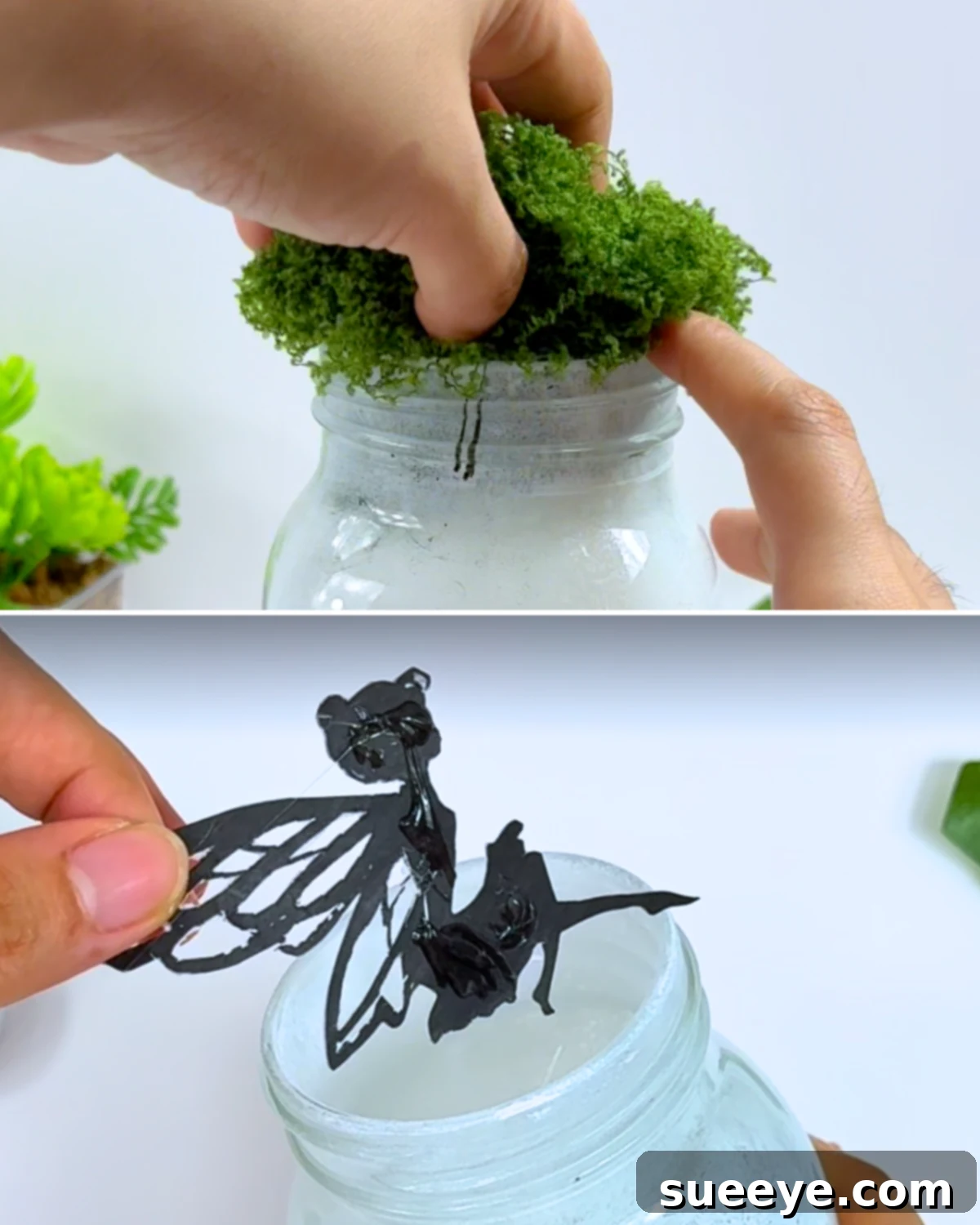 Magical DIY Fairy Lantern 4 Learn How to Make Fairy Jar Lamp - Shows adding fake moss and a silhouette cutout inside the jar.